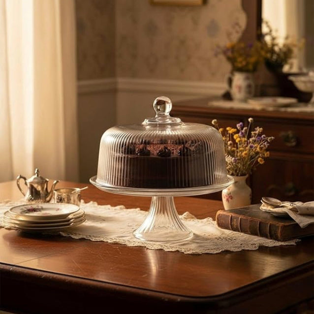 Glass cake stand with a cake on a wooden table in a warm, indoor setting.