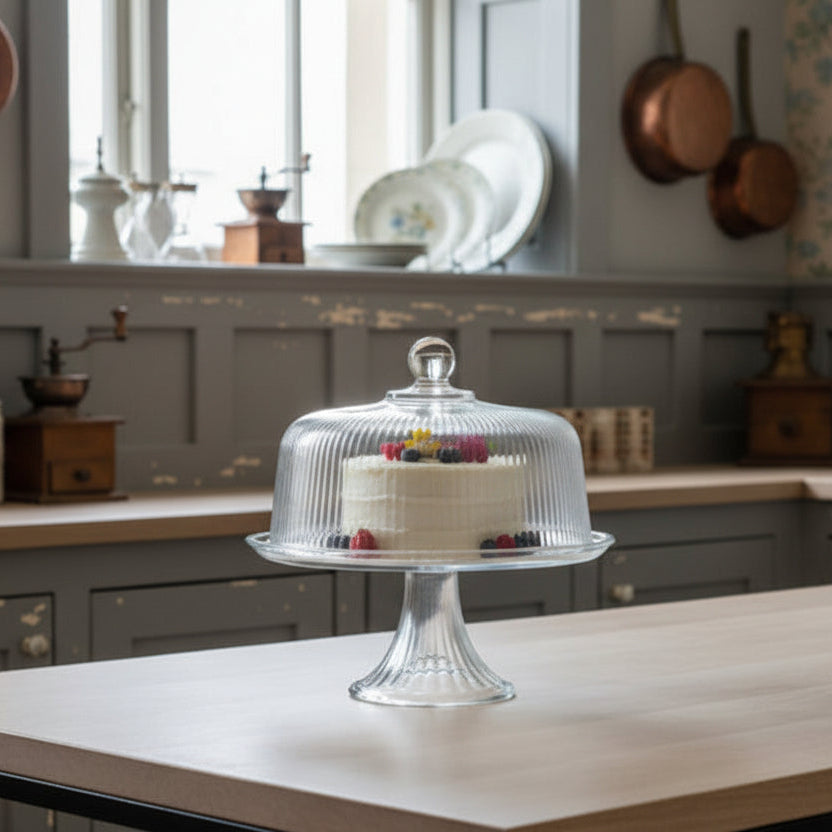 Clear glass cake stand on a kitchen island with gray cabinets and decorative elements.